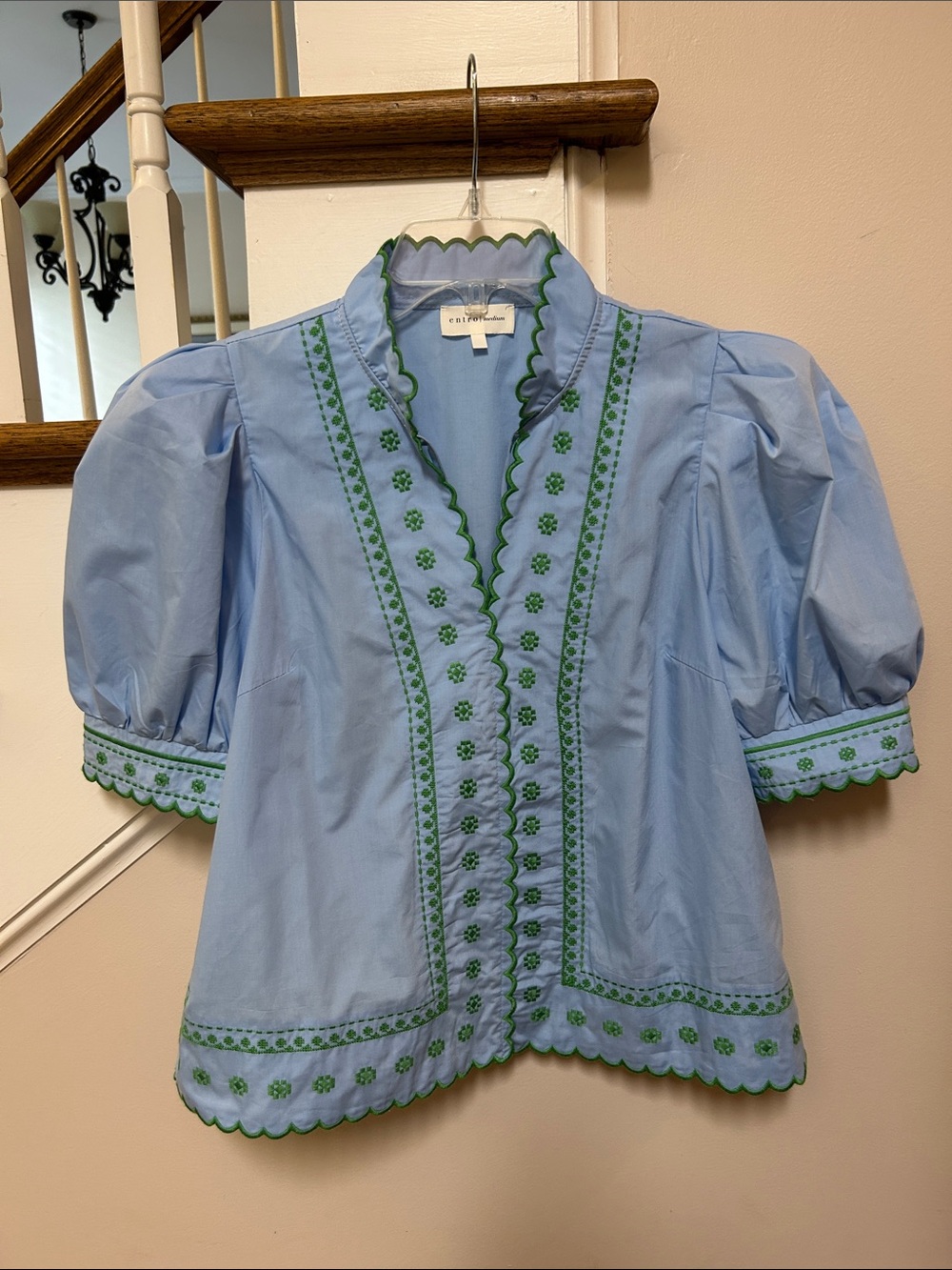 Entro Medium Light Blue Cotton Puff-Sleeve Top with Green Embroidery